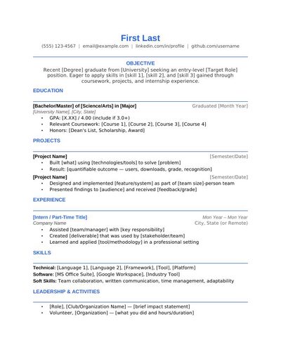 Entry Level resume template preview